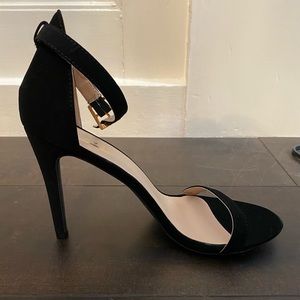 FashionNova black suede ankle strap heels